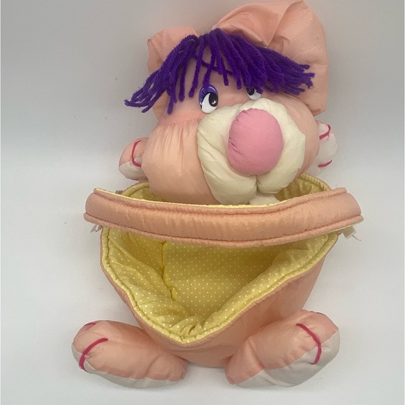 Vintage Pink Yellow Nylon Parachute Plush Bunny Easter Basket Puffalump Style - Picture 1 of 14